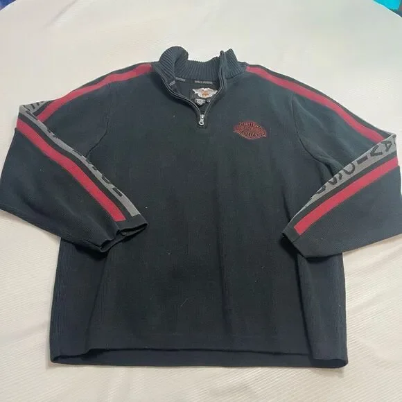 Harley Davidson Mens Black Quarter Zip Waffle Knit Pullover Sweater Size XL