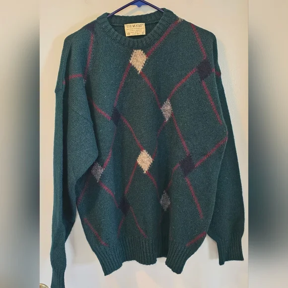 VTG‎ The Moors Lord Jeff 100% Shetland Wool Sweater Mens L Green Geometric Read