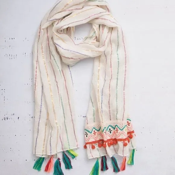 Boho Bright Stripe Tassels Scarf Wrap Bohemian Hippie Gypsy Pompom Pashmina