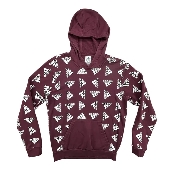 Adidas Hoodie Mens Medium All Over Logo Maroon Pullover Sweatshirt Streetwear