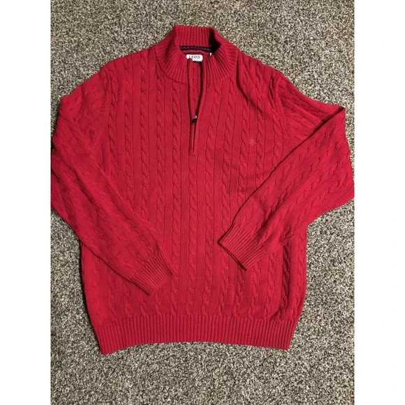 Cableknit Men's Izod Red 1/4 Zip 100% Cotton‎  Sweater XL