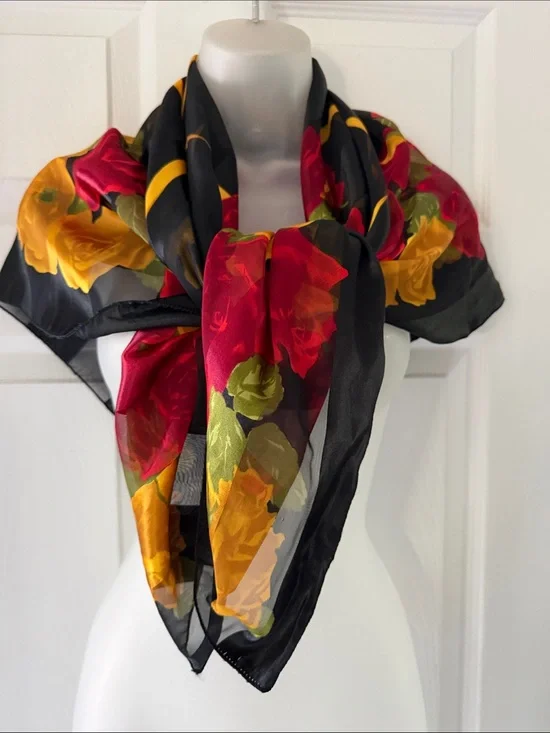 Vintage Floral Square Scarf Black Red Yellow Rose Print Sheer Stripe
