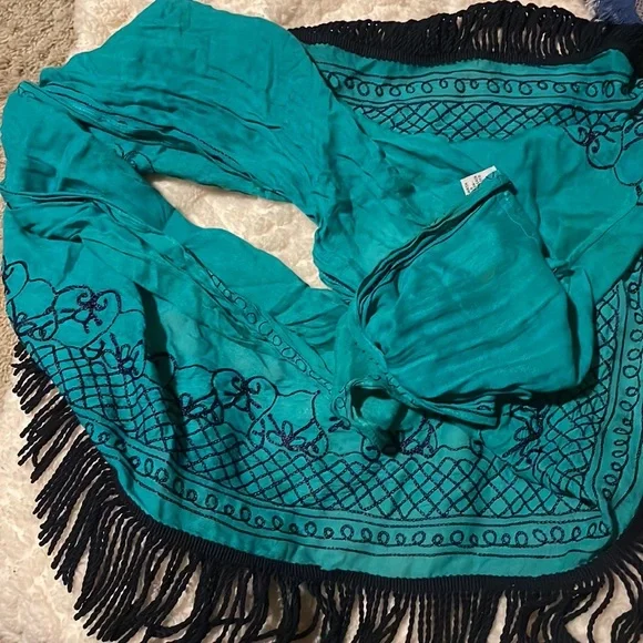 Teal and navy eternity scarf, navy embroidery and tassel details