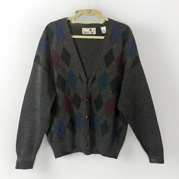 Vtg 90s Cardigan Sweater Florence Tricot Italian Wool Argyle‎ Grandpa Academia