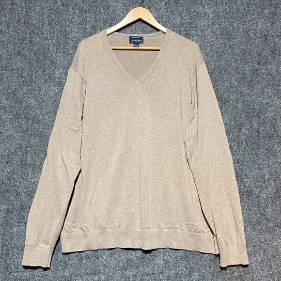 Lands End Mens XXL Tall Tan Supima Cotton V-Neck Sweater Beige Knit‎ Pullover