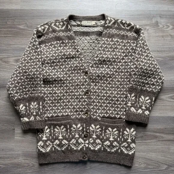 Vintage LL Bean Cardigan Sweater Mens Small S Wool Birdseye Fair Isle USA