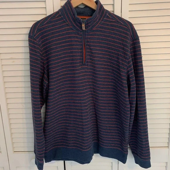 Orvis Quarter‎ Zip 1/4 Zip Pullover Sweater Blue Orange Striped Mens L Outdoor