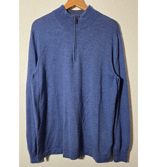 Joseph Abboud Extra Fine Merino Wool Quarter Zip Sweater‎ Blue Luxury Knit Large