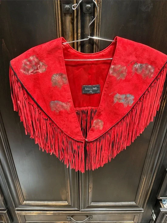 Patricia Wolf Red Fringe Suede Shawl Collar