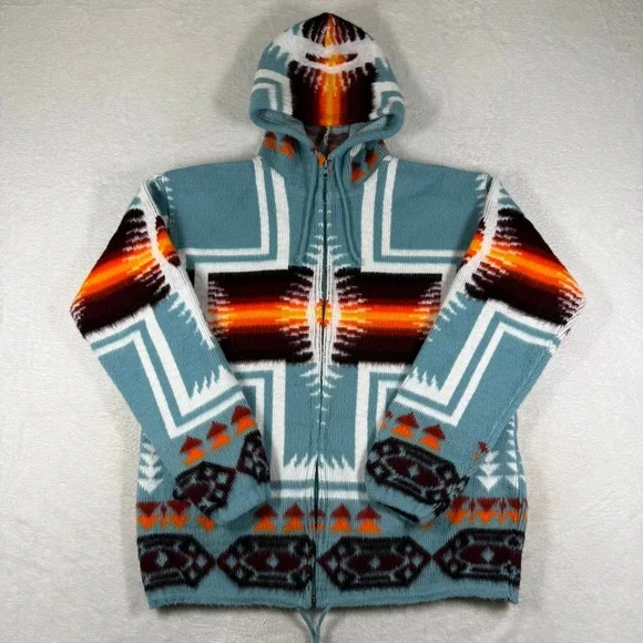Artesanias Tuntaquimba Wool Hooded Sweater Small Blue Aztec Zip Up Ecuador
