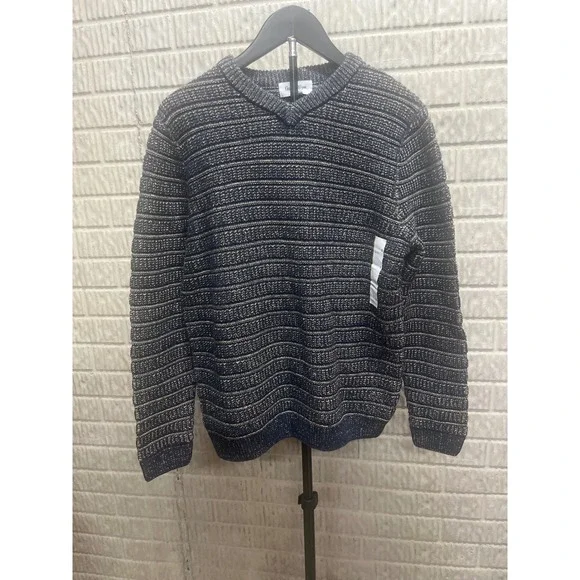 Goodfellow & Co Mens Small Navy Blue Tan Textured Knit Striped Crew Neck Sweater