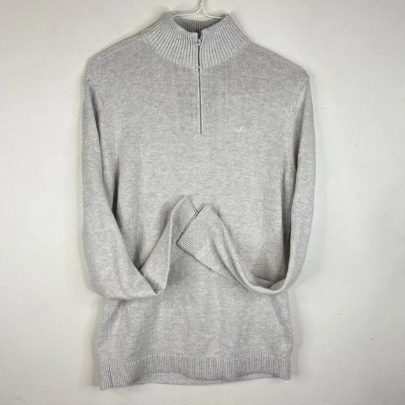 Hollister Sweater Mens Large Beige Cotton Blend Quarter Zip Pullover Knit Logo
