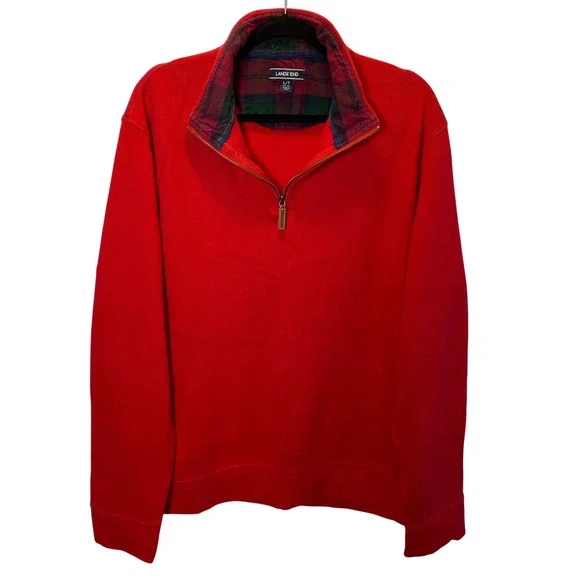 Lands' End Men's Long Sleeve Quarter Zip Pullover Sweater L T Red Plaid Collar‎