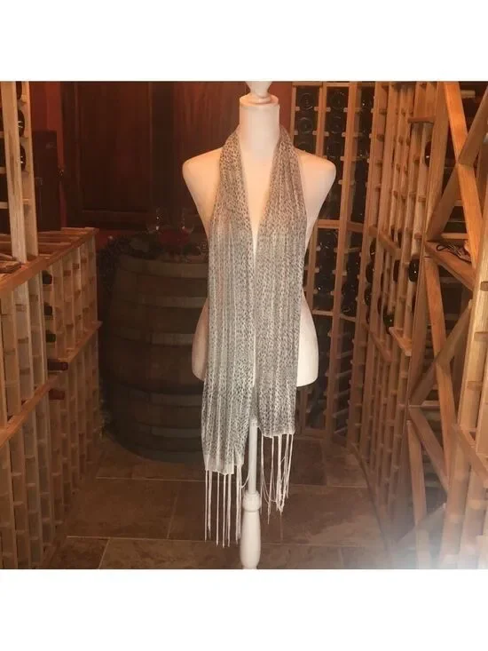 Scarf Grey/White Sheer Print with Sparkle Bling & Tassels
