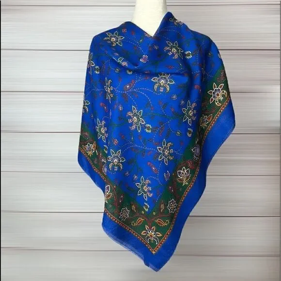 NWOT Creation Francaise Vintage Big Square Royal Blue Floral Scarf Shawl Wrap