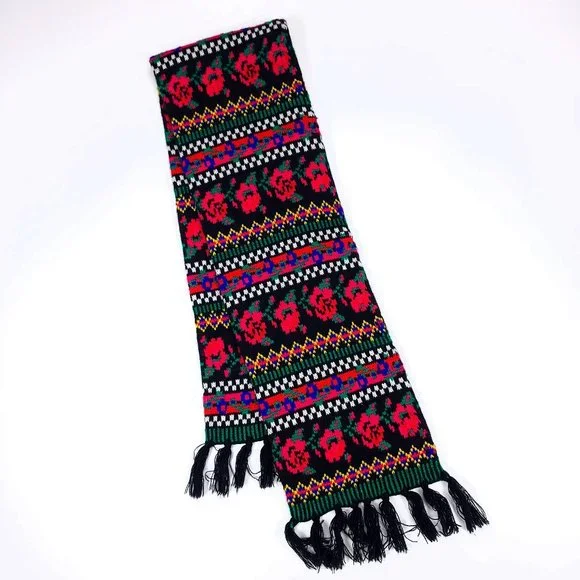 Vintage Floral‎ Fair Isle Knit Scarf Black Red Rose Tassel Fringe Winter Wrap