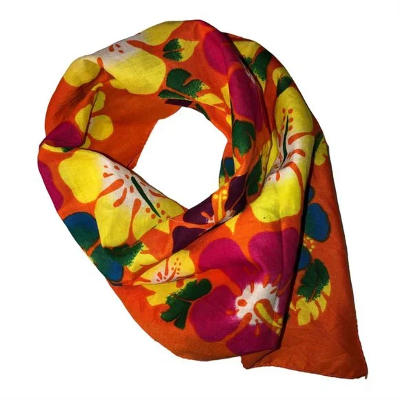 Spectcular bright orange yellow plumeria flower print cotton scarf handk…