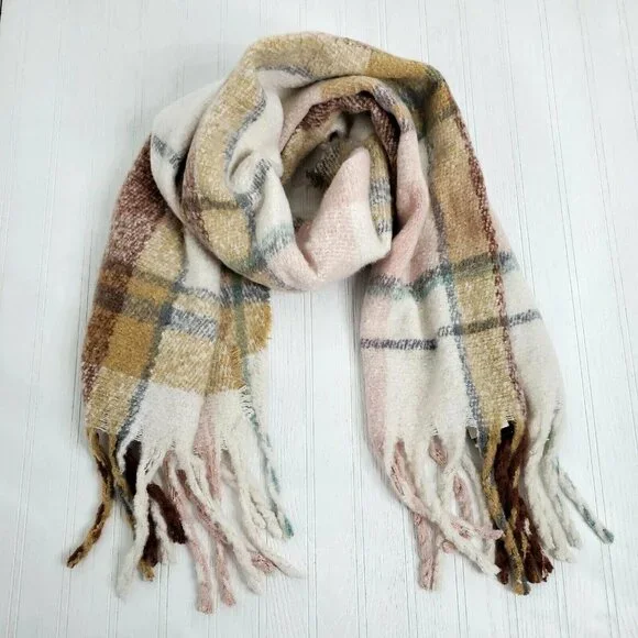 Cejon Scarf Plaid Blush Oversized Blanket Wrap Pink Tan‎ Grey Fringe