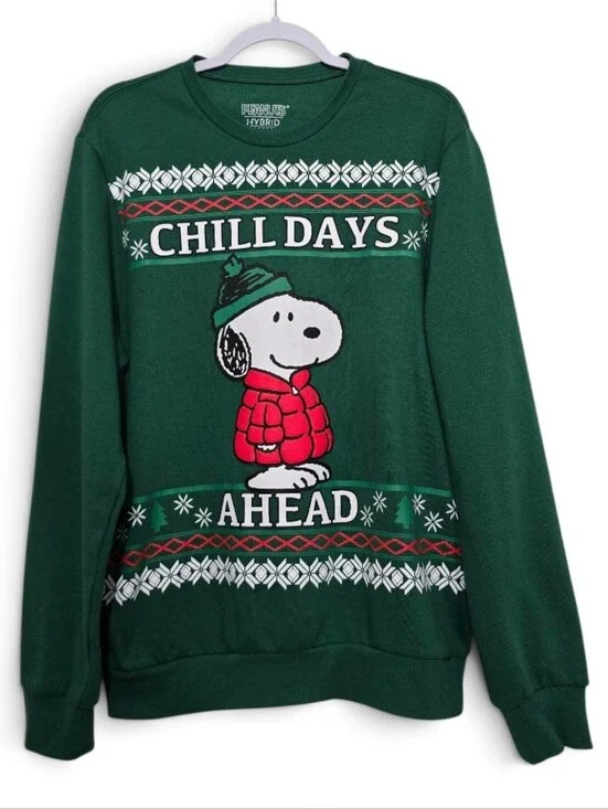 Peanuts Christmas Green Crewneck Sweater with Snoopy Graphic and Red Accents