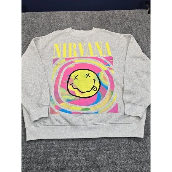 Nirvana Smiley Face Sweatshirt Mens L Gray Neon Graphic Band Crewneck