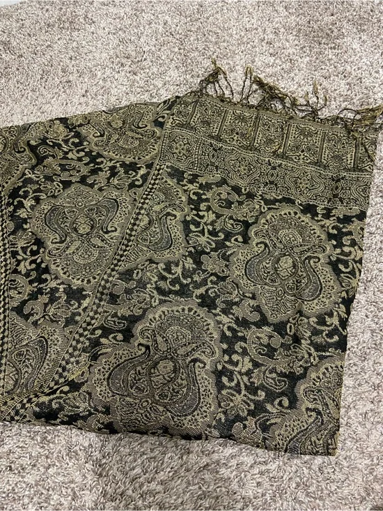 Elegant Black and Metallic Gold Paisley Scarf