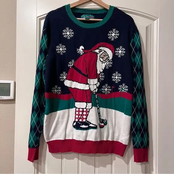 Ugly Christmas Sweater Santa Golfing Crewneck - Navy, Red, and Green Large