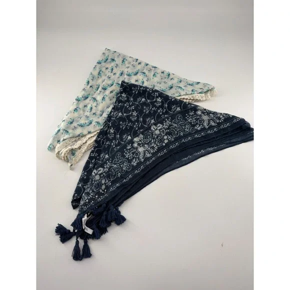 Aeropostale Scarf Lot 2 Floral Lace Crochet Navy Studded Tassel Boho Cottagecore