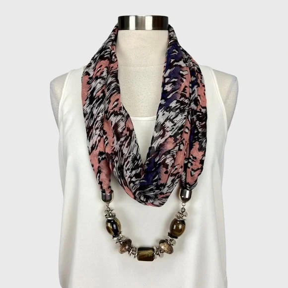 Infinity Scarf Pink Black Leopard Print Chiffon with Beads