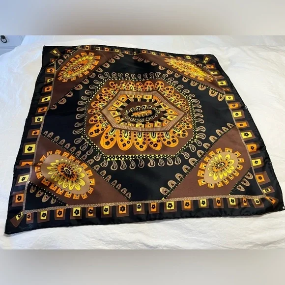Burmel Scarf | Vintage 70s Retro Brown Vibrant | Rolled Hem
