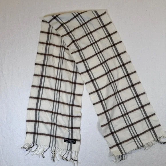 100% Cashmere Scarf Made in Scotland Plaid Cream Brown Grey Fringe Unisex