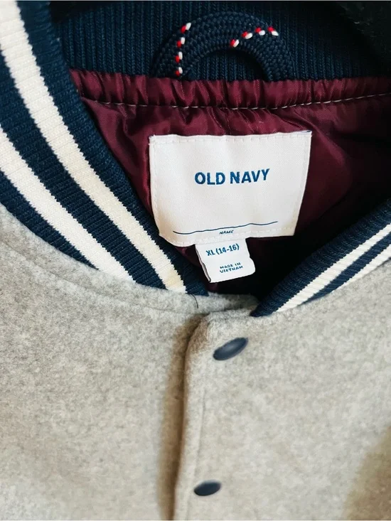 Old Navy Men's Light Gray -Bomber jacket with Navy Trimsize Xl-(14-16)