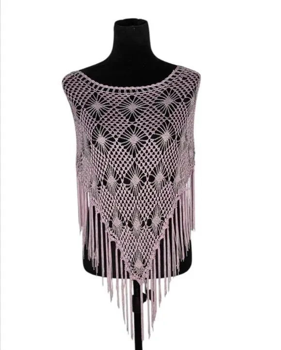 Crochet Poncho Beaded Baby Pink Floral Fringe Fairy Boho Festival Beach Cover Up