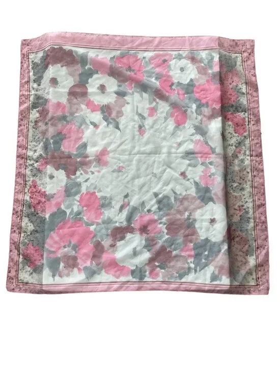 Vintage Scarf Floral Watercolor Print Square Pink White Gray Boho Feminine Fairy