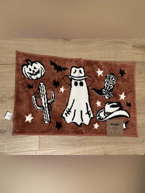 Wrangler Rust Orange and White Halloween Ghost bath mat Rug