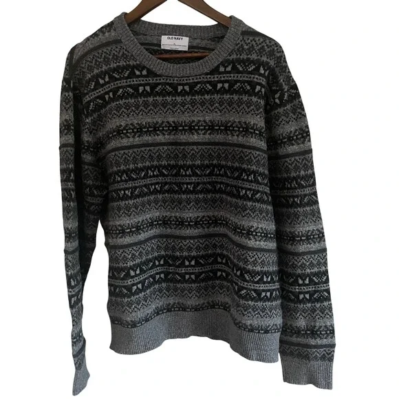 Old Navy Mens Grey Fair Isle Crew Sweater XL Nordic Winter Knit Preppy Classic