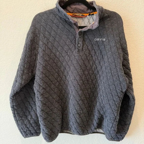 Orvis Mens Quilted Snap Neck Pullover Sweatshirt Charcoal Gray Size M