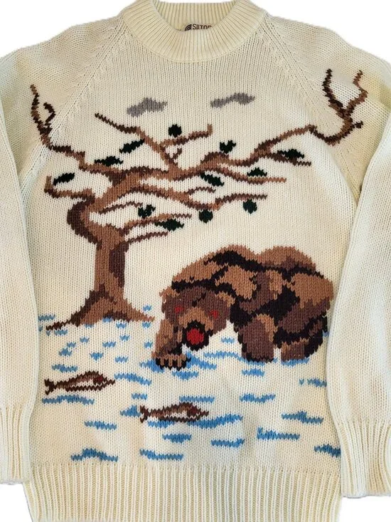 Vintage Silton Bear Fishing Graphic Knit Sweater L