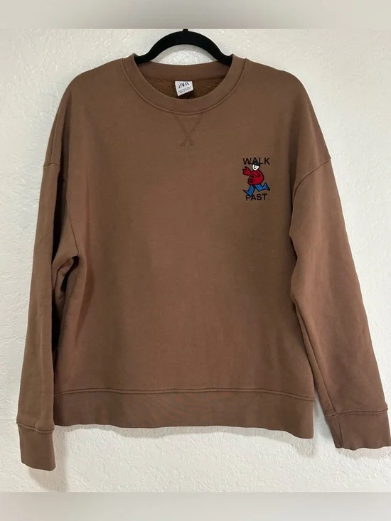 Zara Brown Crewneck Sweatshirt with Red & Blue 'Walk Fast' Graphic