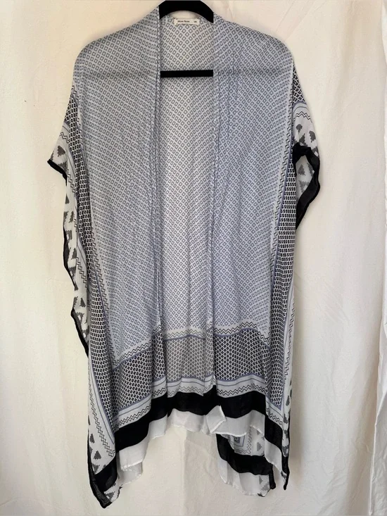 Blue & White Printed Open-Front Kimono Tunic - Women Tops