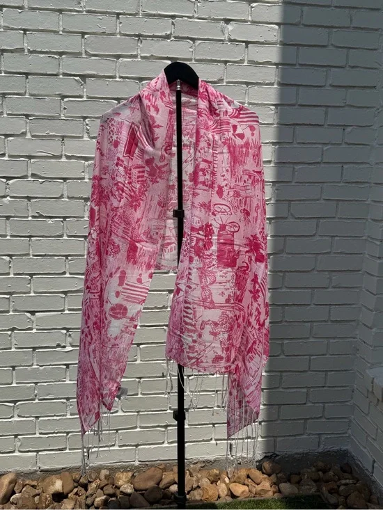 Lilly Pulitzer Pink Beach Toile Print Scarf Wrap Shawl Fringe