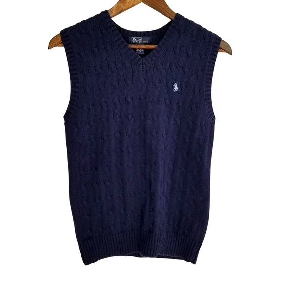Polo Ralph Lauren Cable-Knit Cotton V-Neck Sweater Vest Navy Men M Preppy Japan