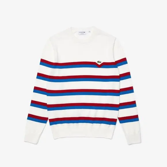 Lacoste AH6788 Made in France Striped Organic Cotton Sweater M White Red Blue