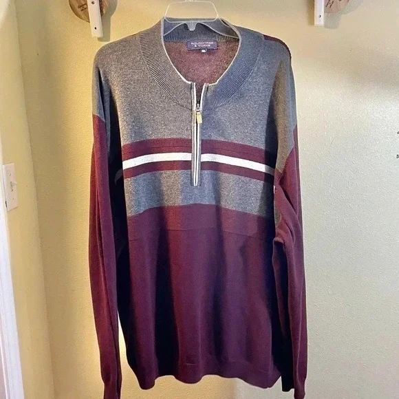 Roundtree & Yorke Men's Size 3XB Pullover Sweater Gray Burgundy Stripe