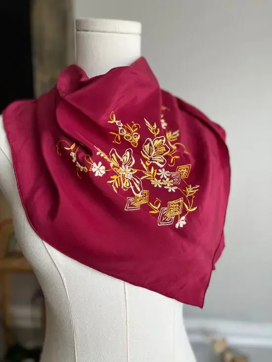 Vintage 70s Silk Scarf Pink Yellow Floral Embroidered Asian Square Neck Head