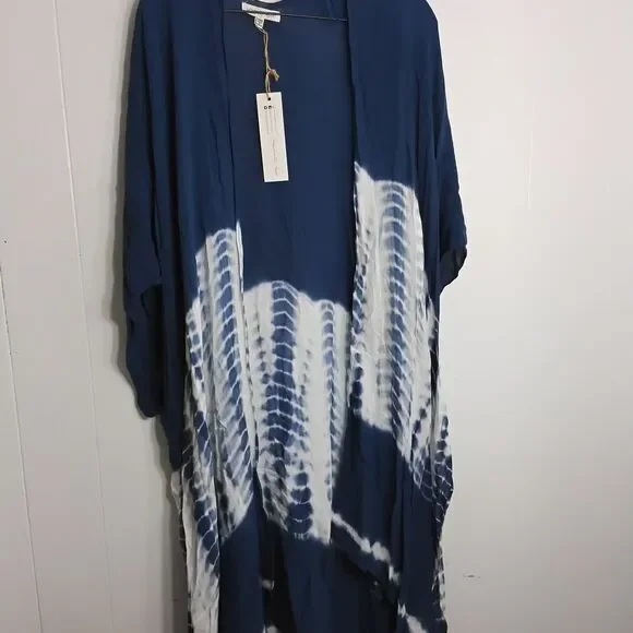 Woven Heart Navy and White Tie-Dye Draped Open Kimono