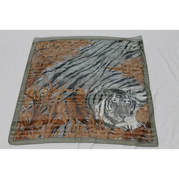 Tiger Sheer Square Scarf Jungle Animal Print Gray Brown Green 30x30 Chiffon