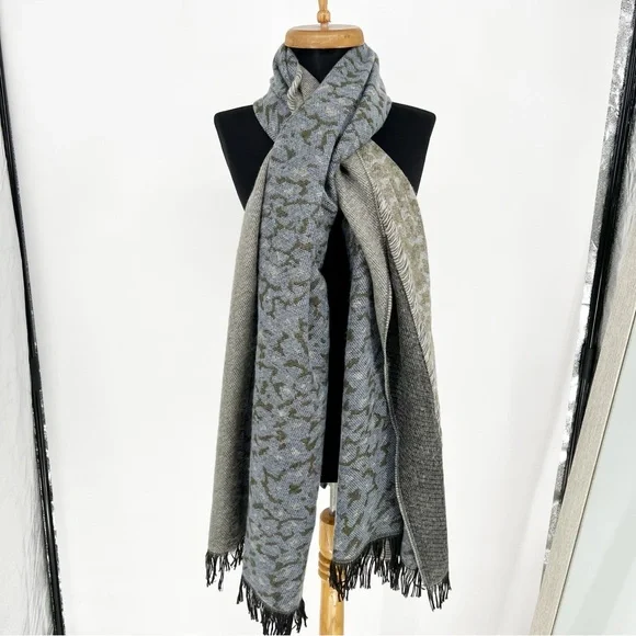 Anthropologie Green Blue Patterned Blend Fringe‎ Scarf