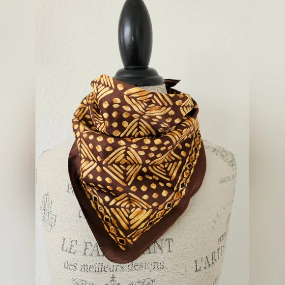NWT Jones New York Made in Italy Scarf | Brown & Gold Geometric Silk-Feel Neck