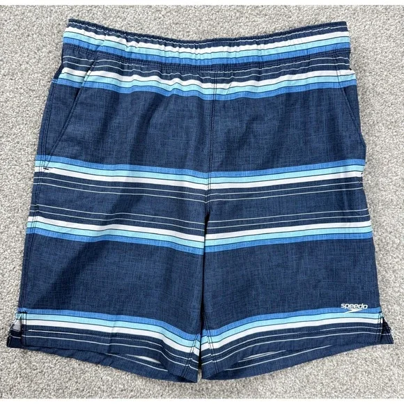 Speedo Mens Small Board Shorts‎ Blue Striped Swim Trunks Stretch Zip Pocket