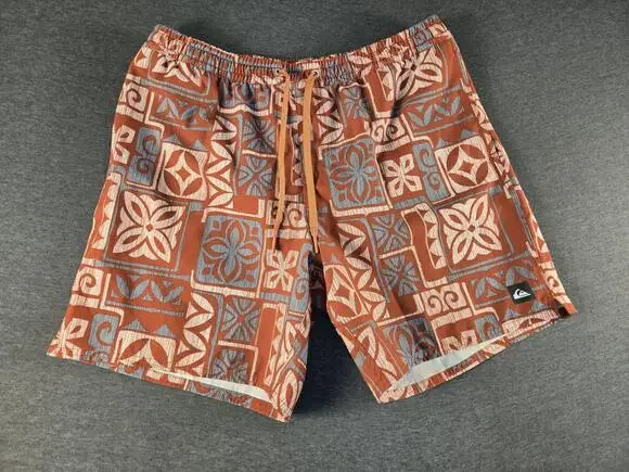 Quiksilver Shorts Mens Large Orange Waterman Swim Trunks Hawaiian Lined Tropical